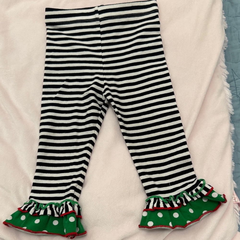 Bonnie Baby Black and White Striped Leggings with Green Ruffle